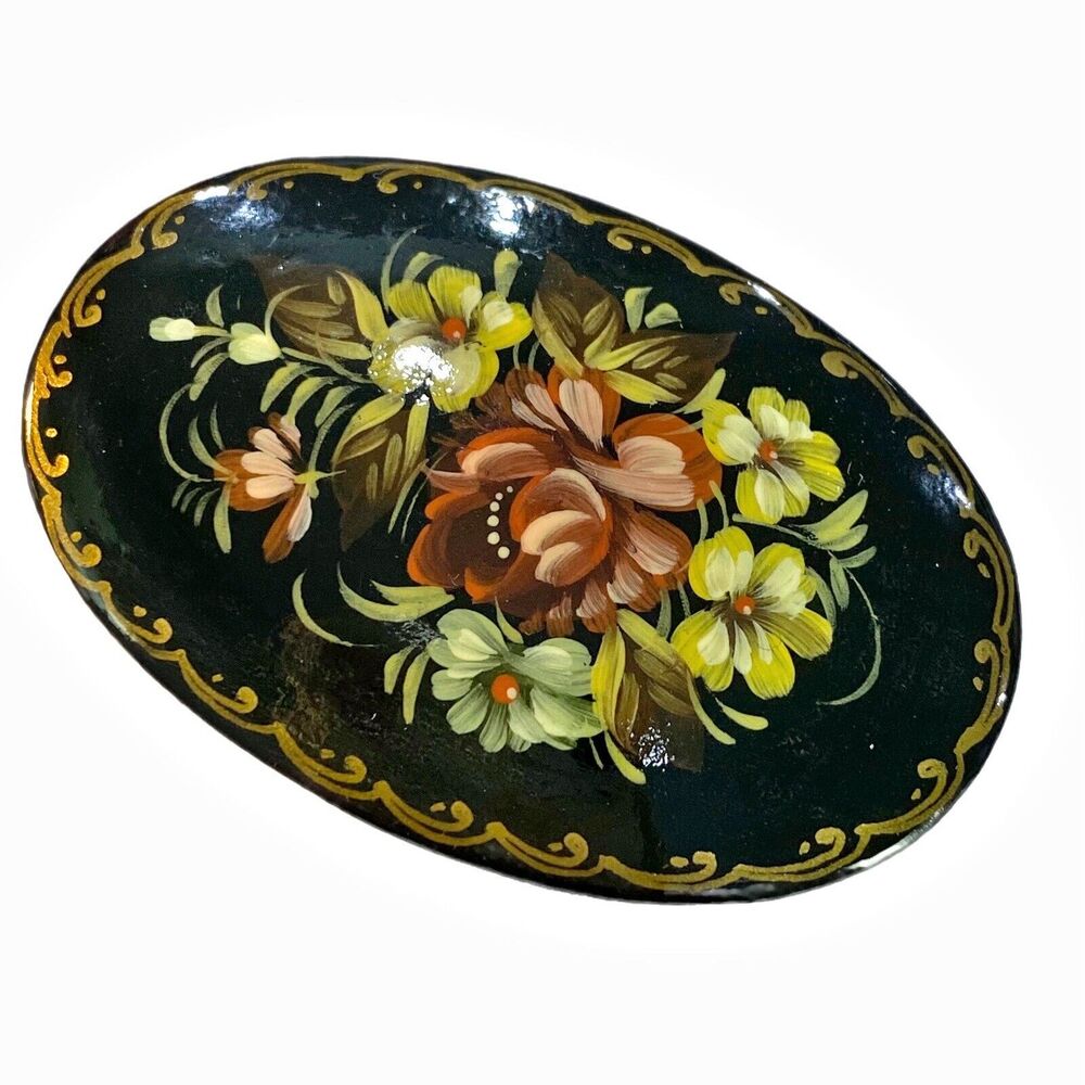 Ukrainian Hand Painted Wooden Brooch Pin Oval Floral Intricate Cottage Core